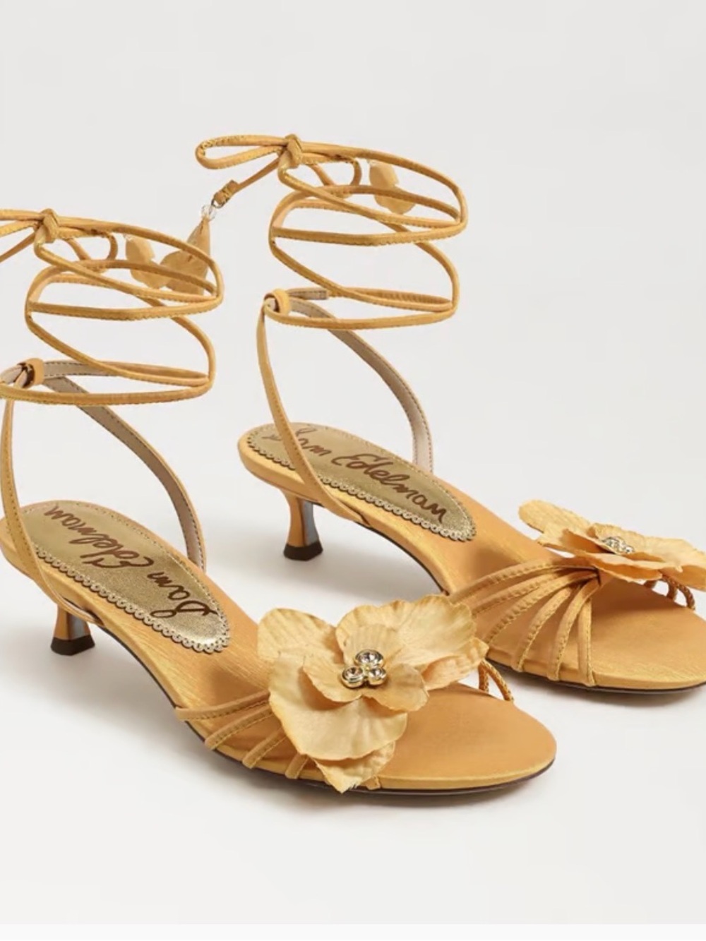 Sam Edelman Gold Floral Lace-Up Kitten Heels